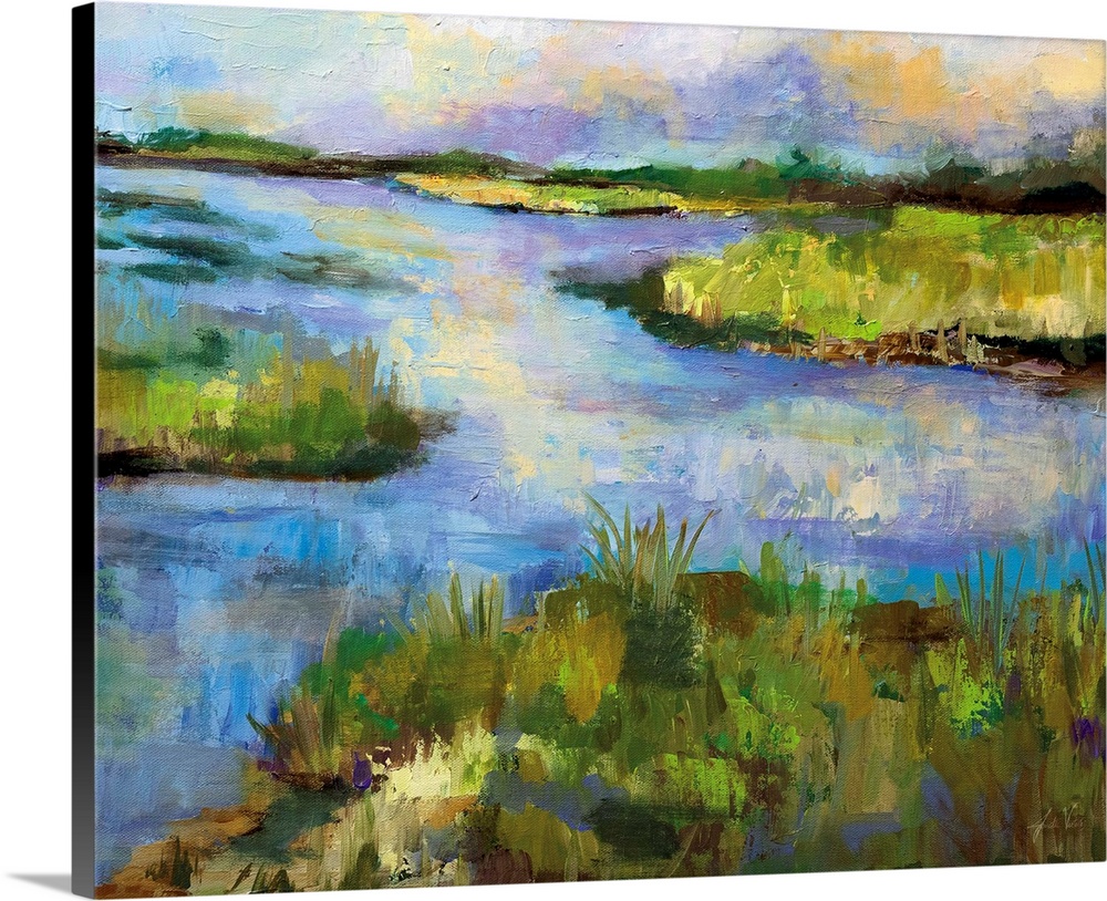 Contemporary landscape painting of a stream running through a marsh.