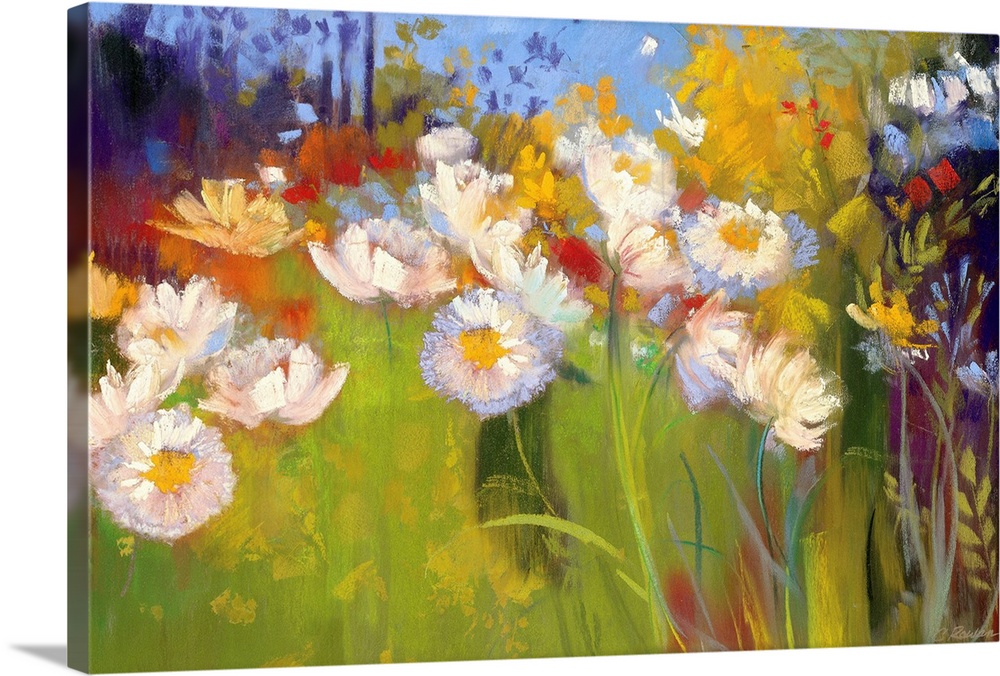 Contemporary painting of daisies in a field sprinkled with tall grass and wheat stalks.
