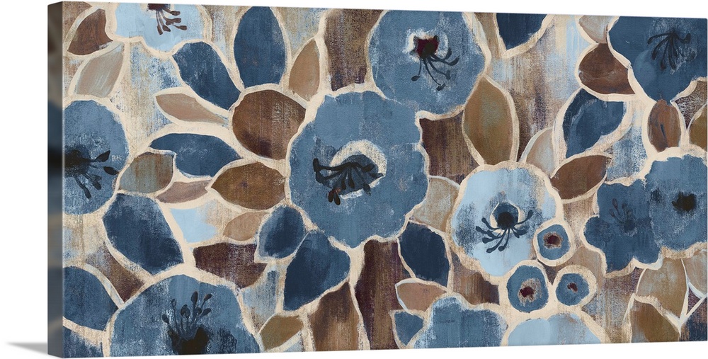 Contemporary painting of soft blue flowers with brown leaves and stems.