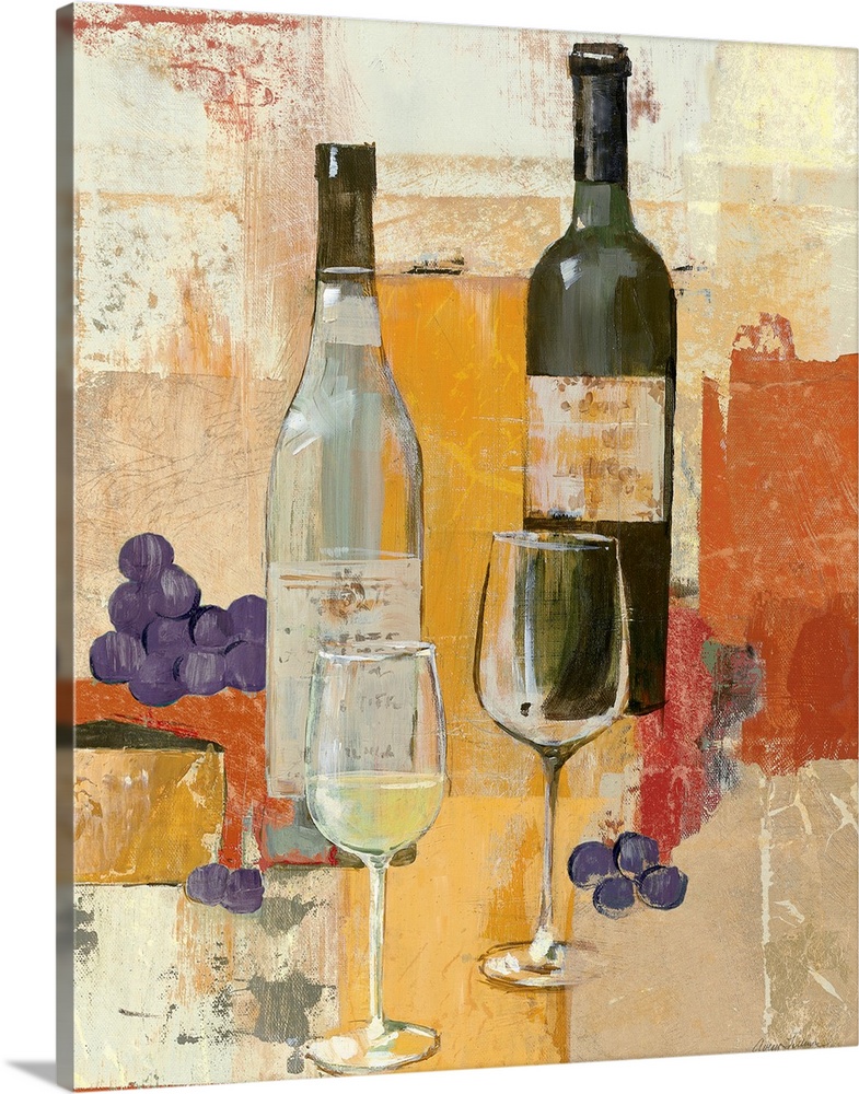 Home docor painting of two wine bottles and glasses with some grapes on the side on a block-style textured background.