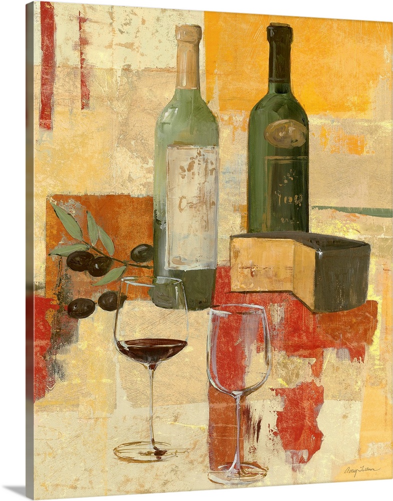 Contemporary painting of two bottles of wine, a block of cheese, and two wine glasses on an abstract bright block background.