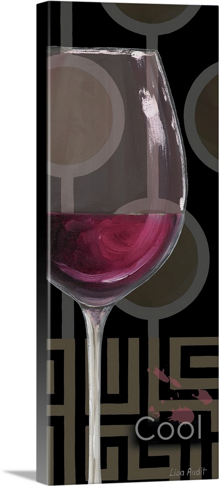 Vertical panoramic mixed media artwork of a glass of wine with the text "Cool," with a line and circle geometric pattern i...