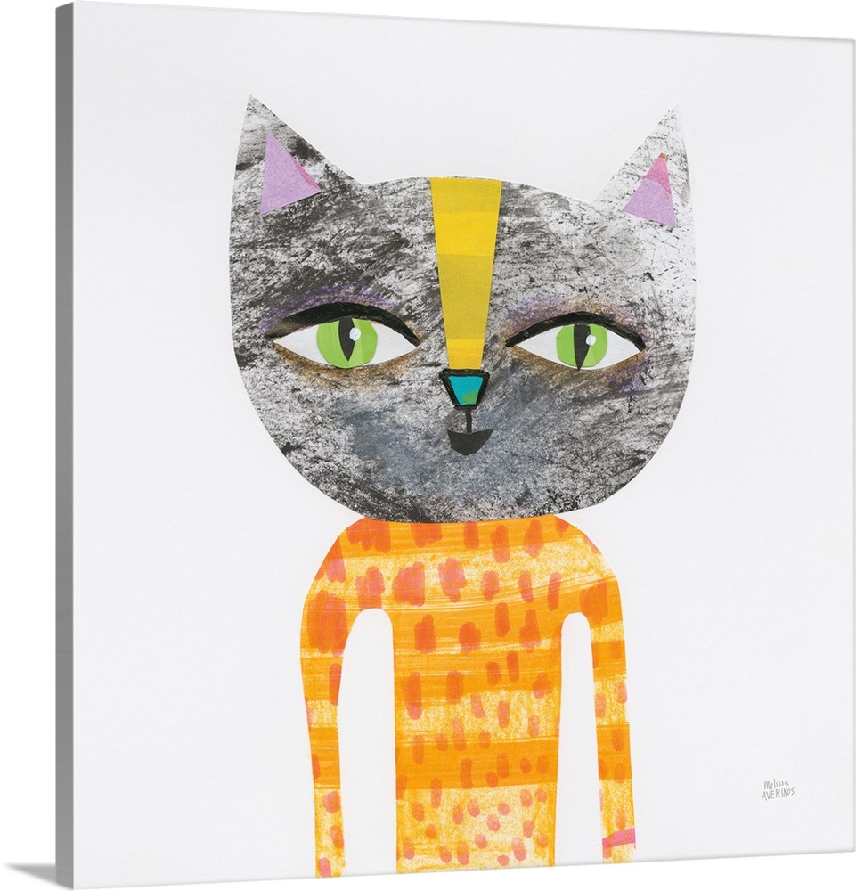 Whimsy square cut and paste art of a colorfully designed, upright cat on a white background.