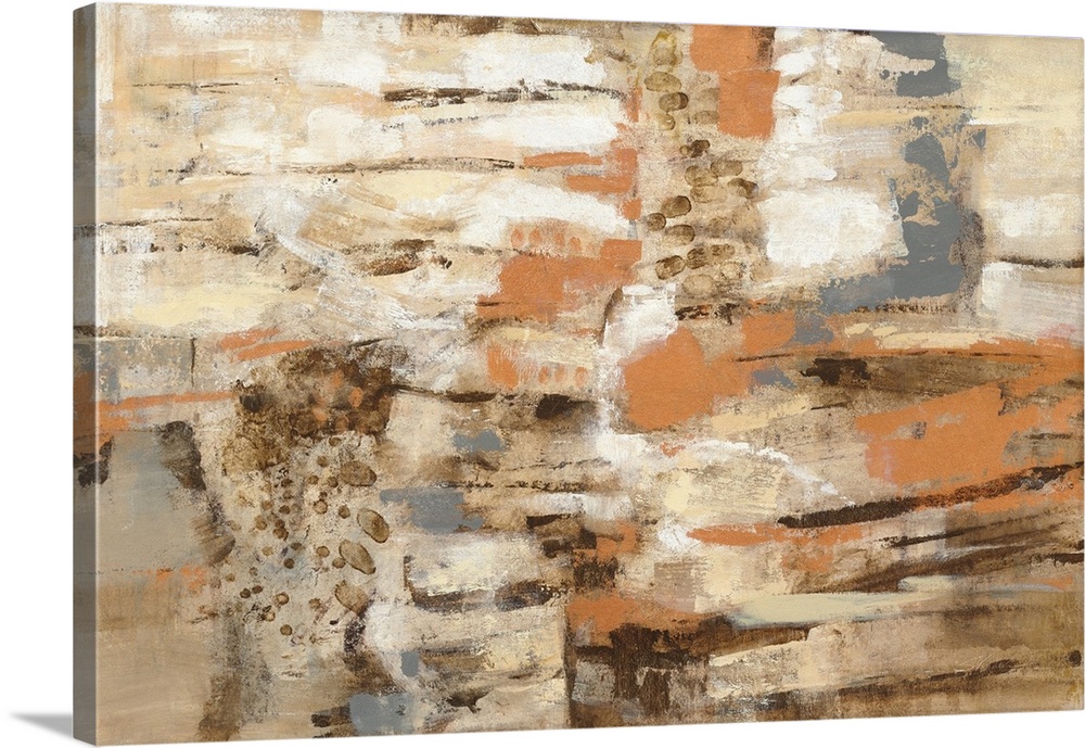 Contemporary artwork featuring horizontal brush strokes in earthy colors with abstract textures throughout.