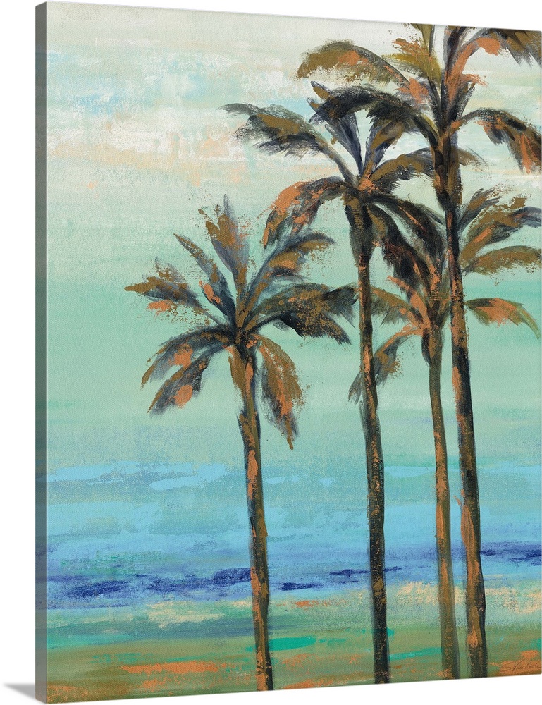 Contemporary artwork of palm trees adorned with copper colored highlights over an abstract landscape.