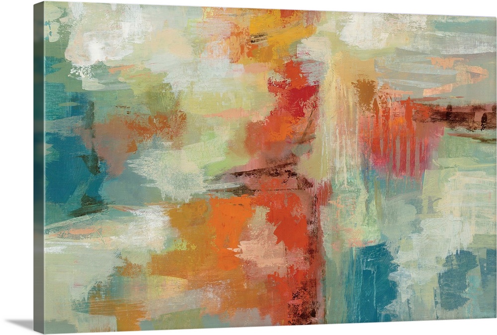 Contemporary abstract artwork in bright oranges and blues.