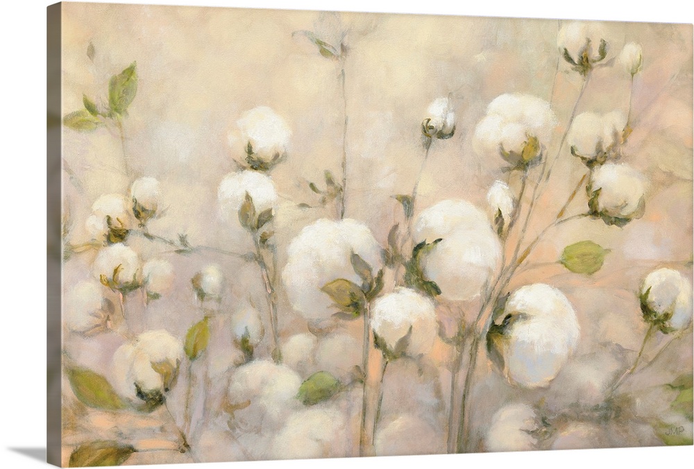 Large contemporary painting of wild cotton with a warm background.