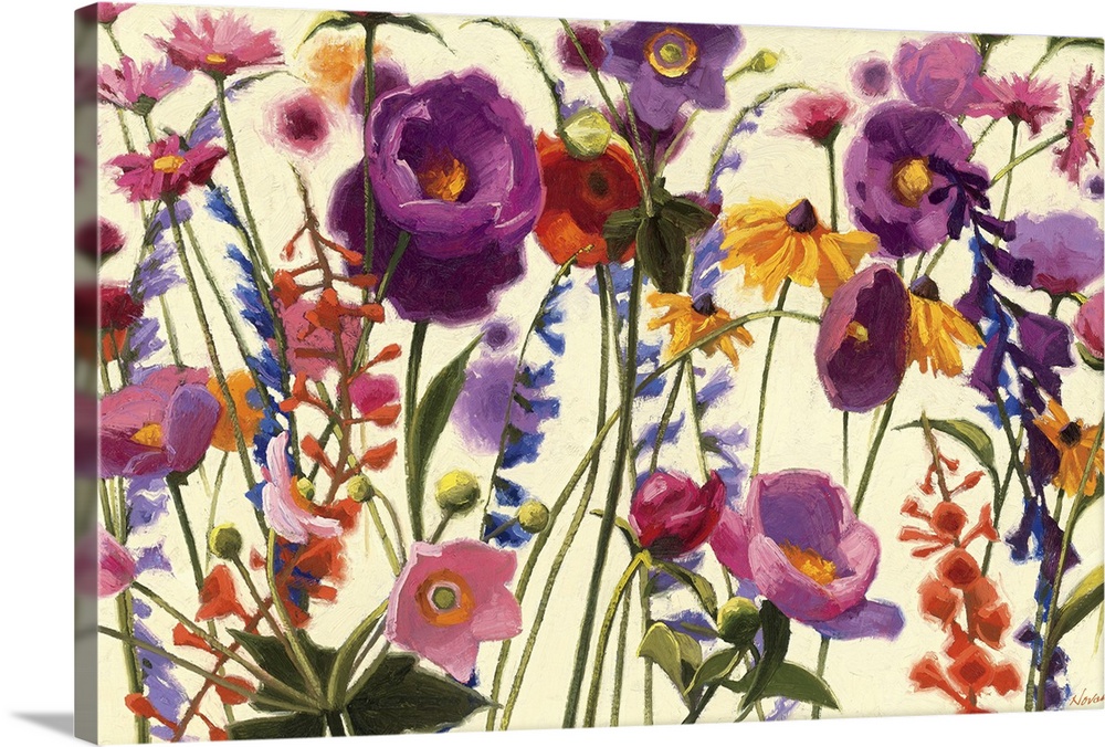 Contemporary painting of several types of flowers springing up from the bottom of the print.