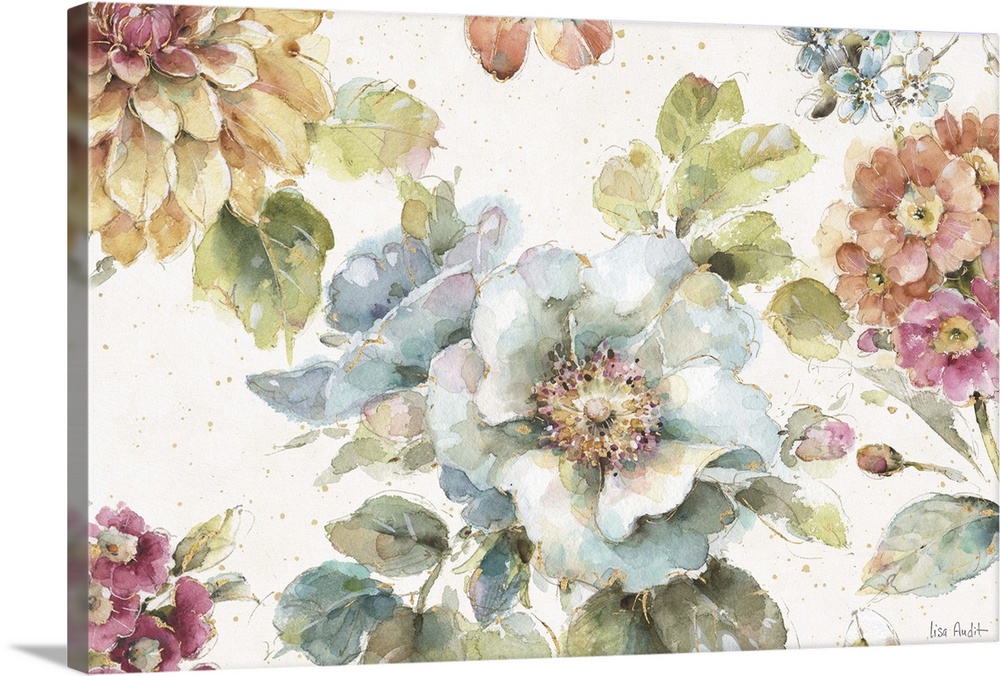 Floral watercolor painting on a white background with gold paint splatter.