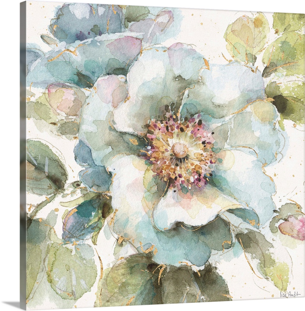 Floral square watercolor painting with metallic gold highlights on a white background with gold paint splatter.