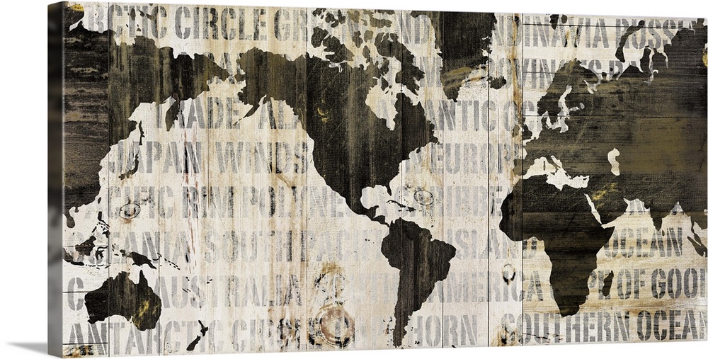 Contemporary artwork of a world map in earth tones and covered in a faded text.