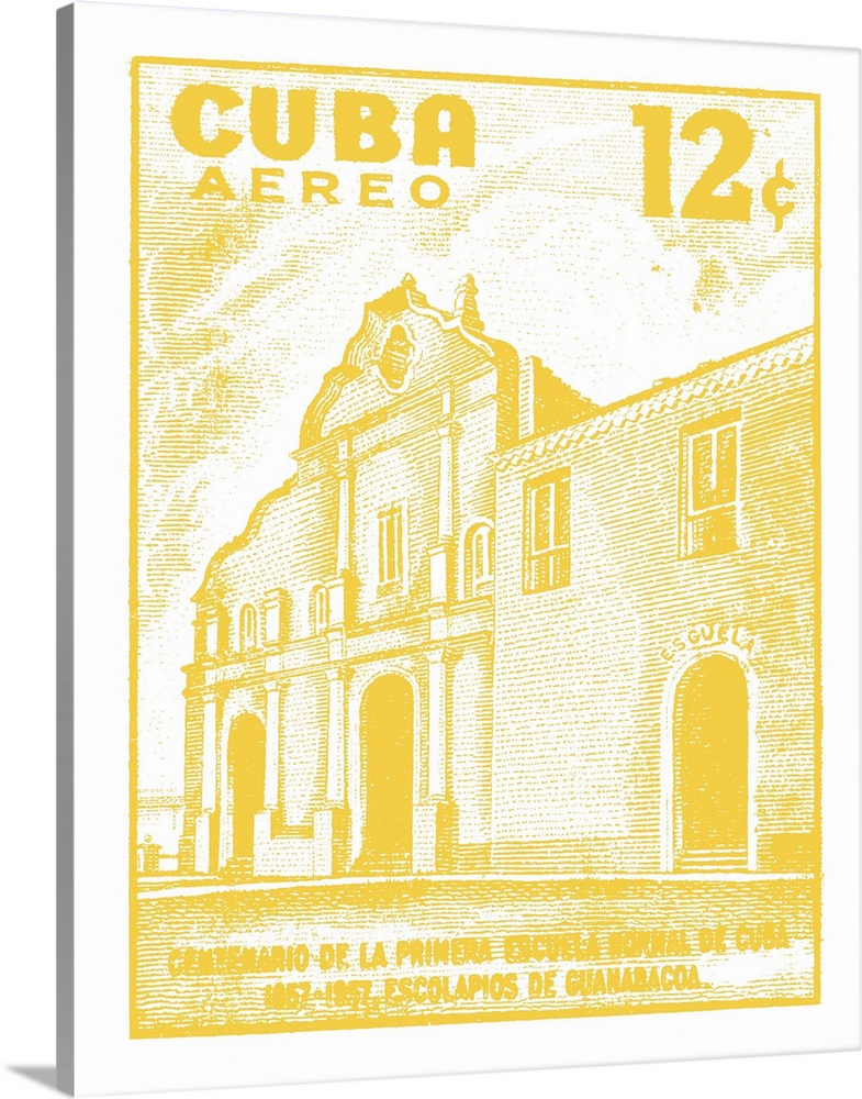 A digital illustration of a Cuba post stamp in yellow.