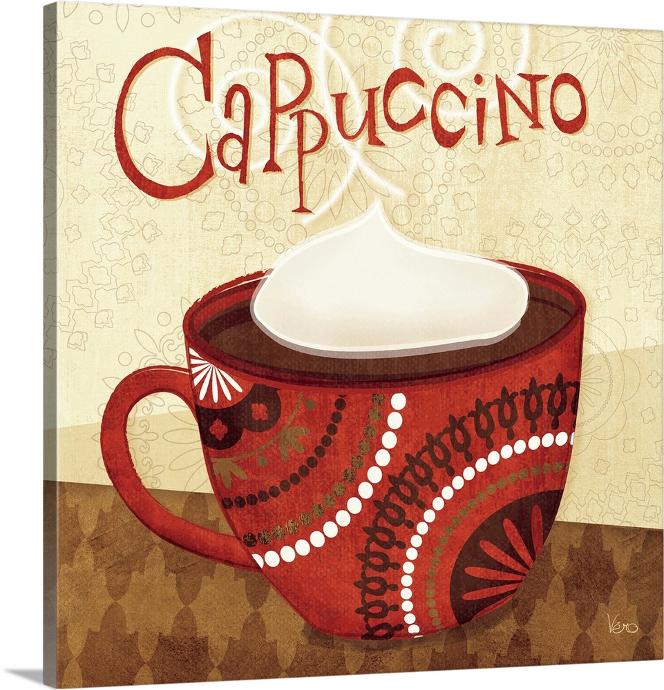 Contemporary artwork of a coffee cup with decorative patterns, with the text "Cappuccino" at the top of the image.