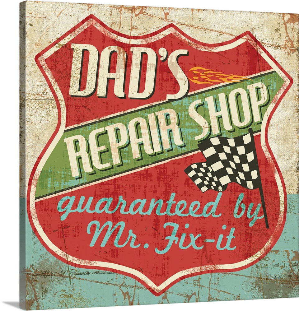 Weathered sign for "Dad's Repair Shop" in a shield shape with a checkered flag.