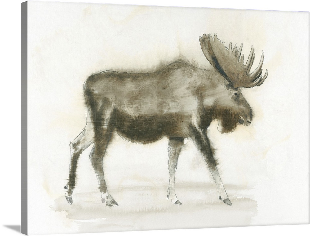 Contemporary artwork of a moose standing against a white background.