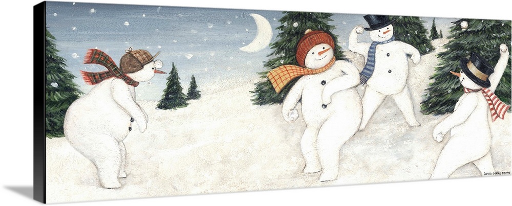 Contemporary artwork of an idyllic Christmas countryside scene, with snowmen throwing snowballs.