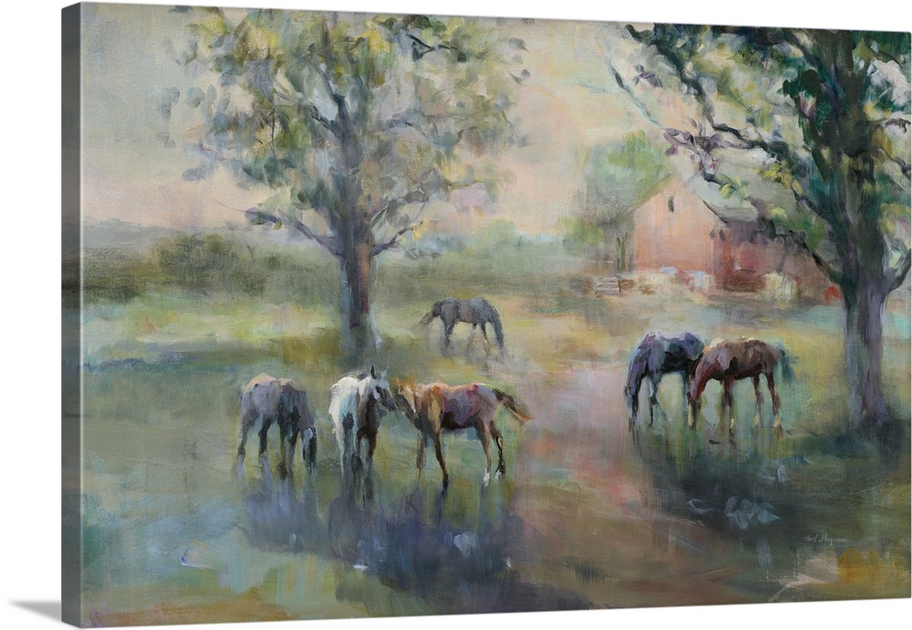 Contemporary artwork of horses grazing in the country, finished in an impressionistic style.