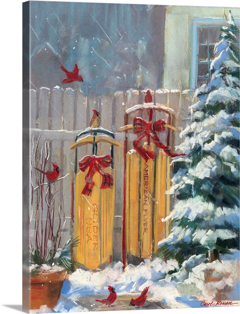Contemporary painting of an idyllic winter scene, depicting two sleds leaning up against a fence, next to a snow covered t...