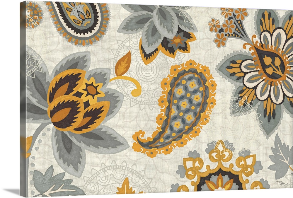 Oversized landscape home art docor of a paisley and floral pattern in grey and golden tones, on a background of colorless,...