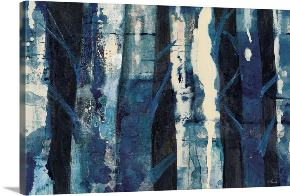 Horizontal abstract painting of textured roughed vertical lines in shades of blue.