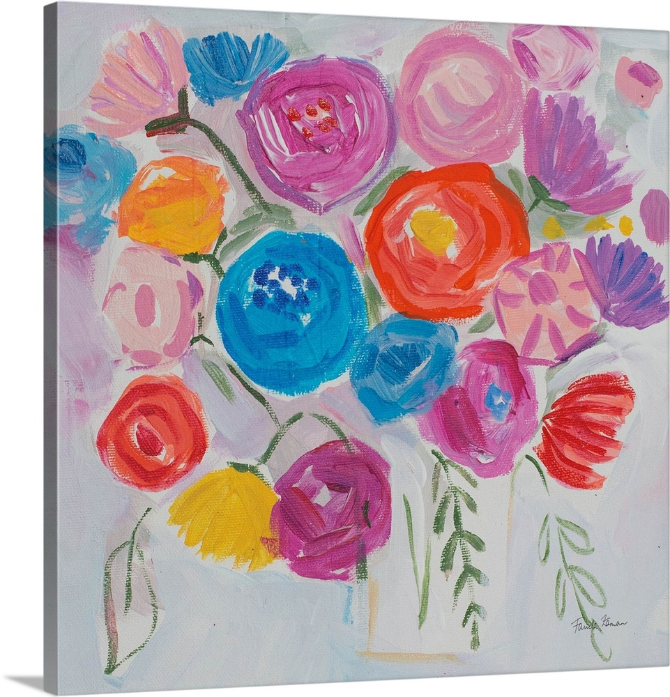 A square modern painting of bright colorful flowers in in a vase.
