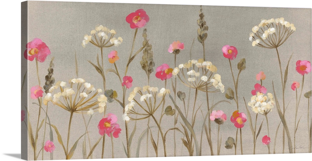 A vertical painting of a display of wildflowers in white and pink on a gray backdrop.