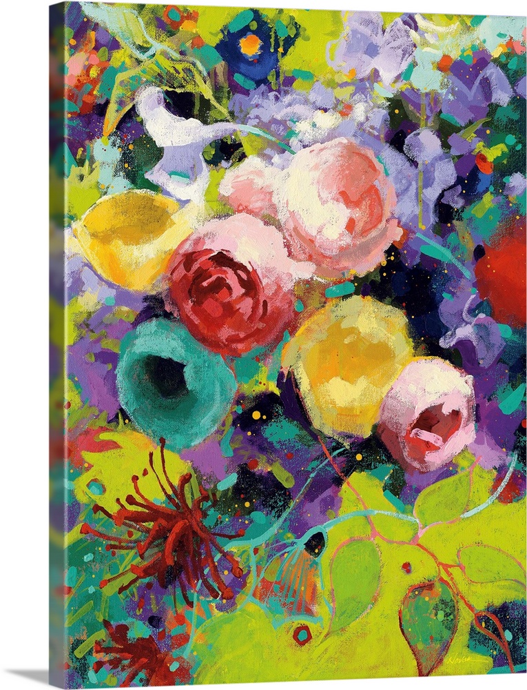 Large abstract painting with bright flowers.
