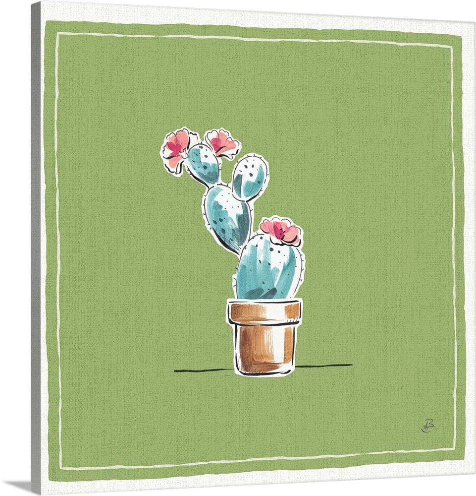 A digital illustration of a blooming cactus in a pot on a green background.