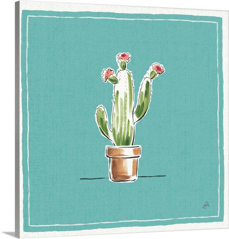 A digital illustration of a blooming cactus in a pot on a blue background.