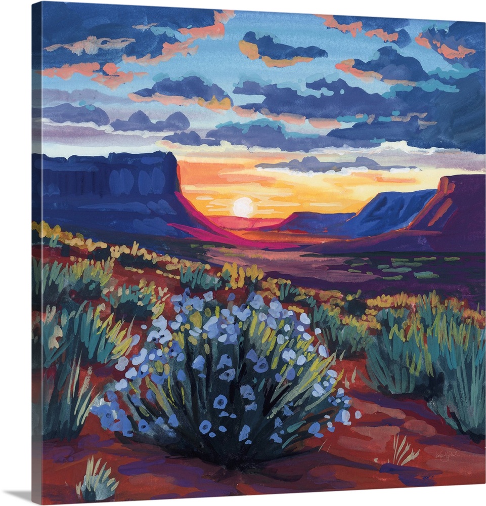 Desert Sunset On Blooming Bush