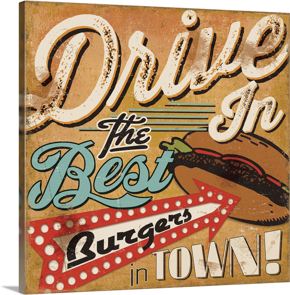 Retro style sign for a drive in, with an arrow pointing to a burger.