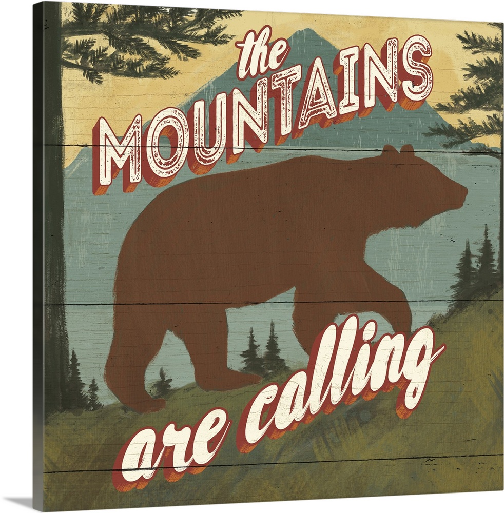 "The mountains are calling" over a minimalist image of a bear in the wilderness.