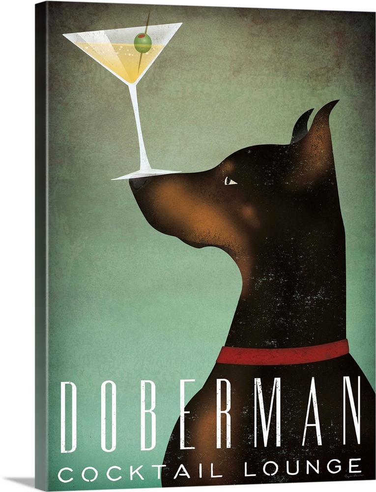 Illustration of a doberman balancing a martini glass on its nose with "Doberman Cocktail Lounge" written on the bottom.