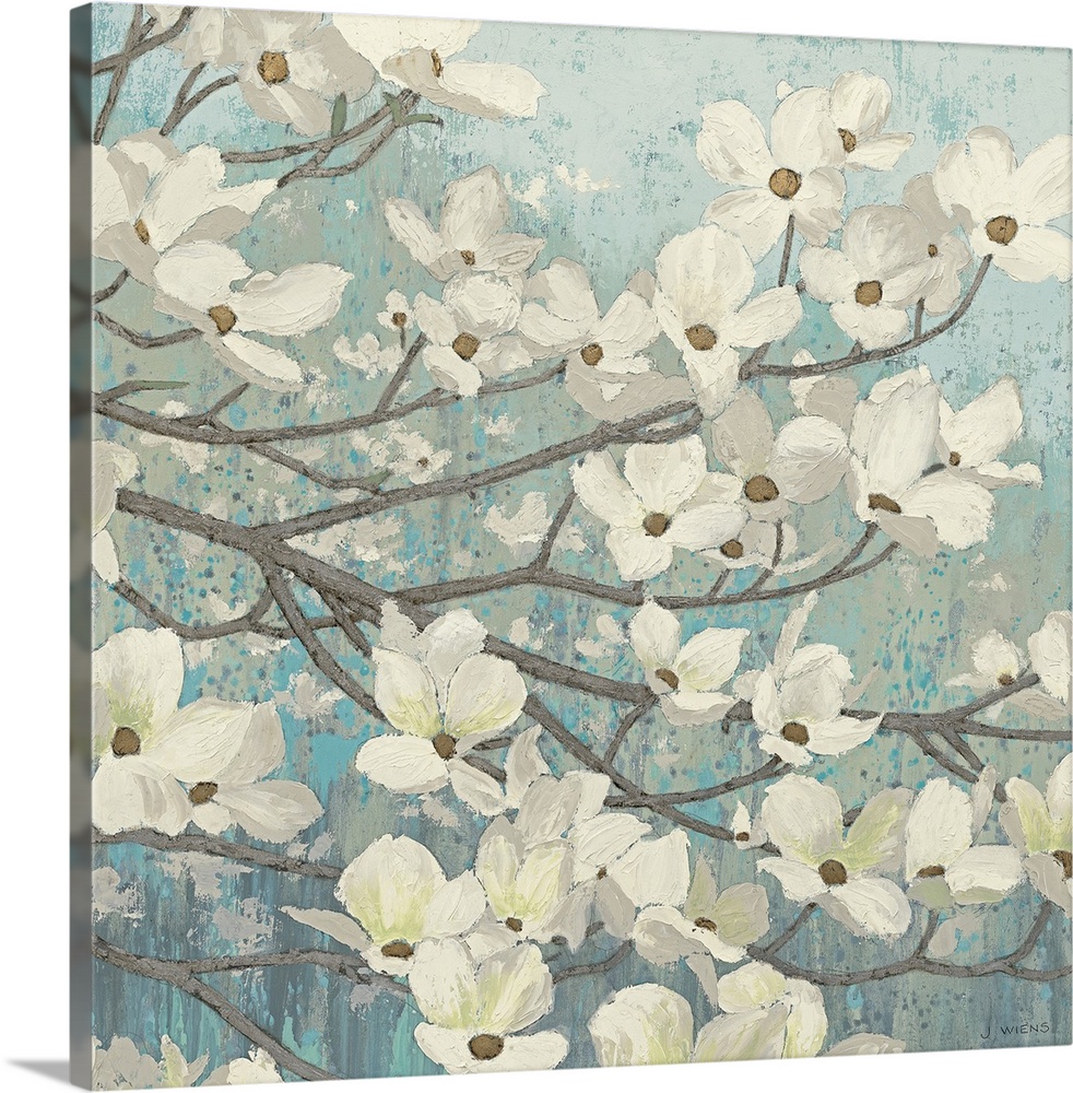 Square painting of a group of small white flowers on thin branches on a light, textured background.