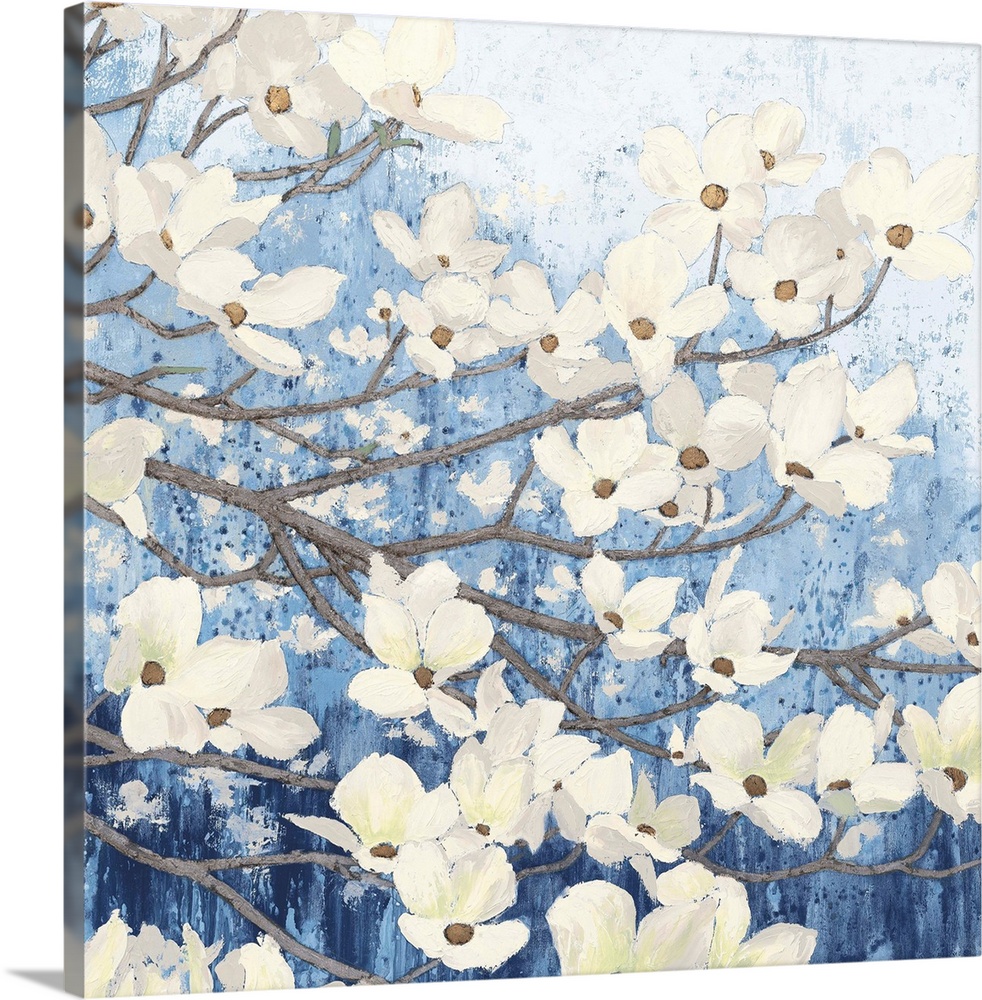 A square temporary painting of a dogwood tree full of blooms with a textures blue background.