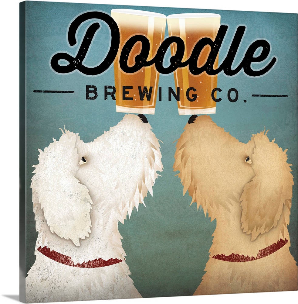 Contemporary artwork of two goldendoodle dogs holding pints of beer on their noses.