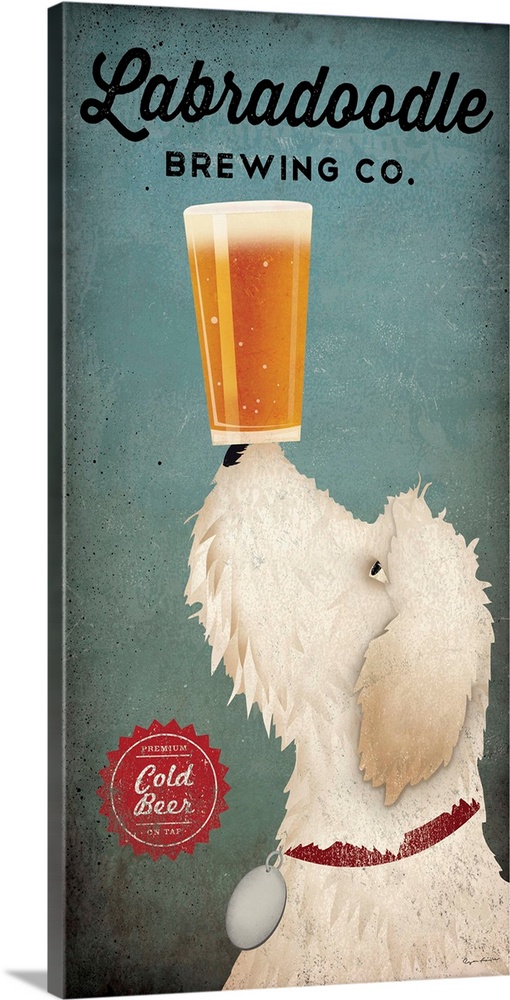 Artwork of a white goldendoodle dog balancing a beer on its nose.