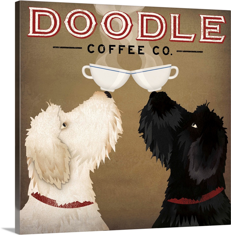 Artwork of black and white goldendoodle dogs balancing cups of coffee on their noses.