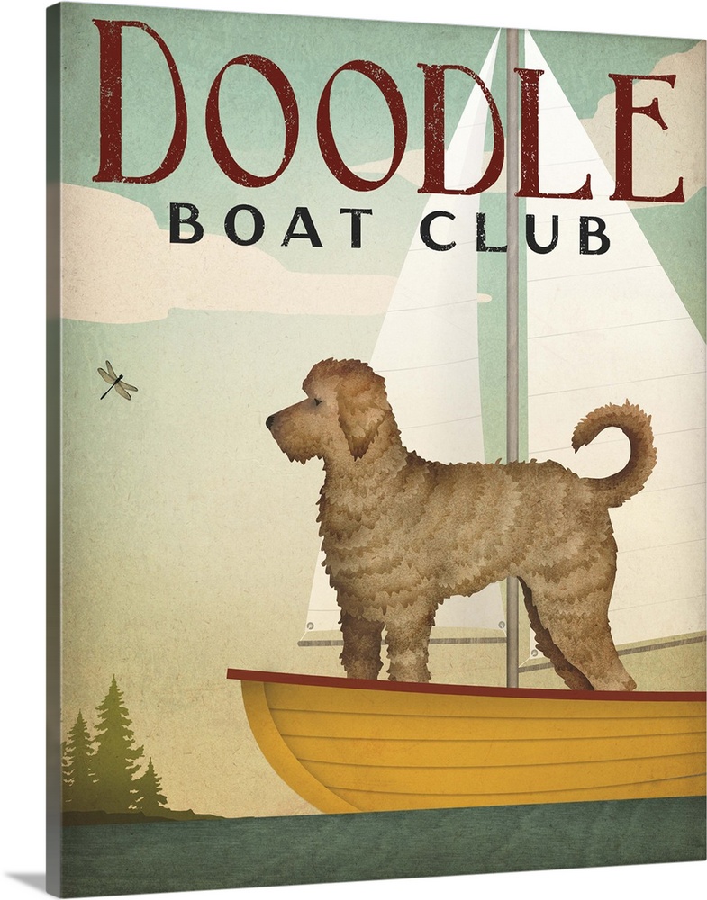 Contemporary artwork of a golden doodle on a sailboat.