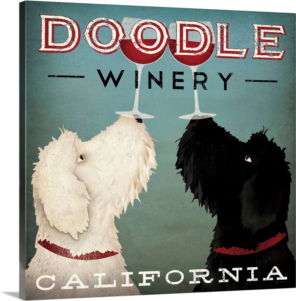 Artwork of Labradoodles balancing glasses of red wine on their noses in unison like a couple of book ends.