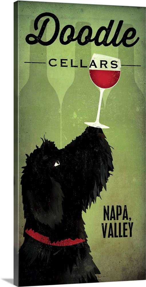 Artwork of a black goldendoodle dog balancing a wine glass on his nose.