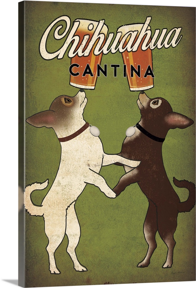Illustration of two chihuahuas balancing beers on their noses with "Chihuahua Cantina" written at the top.