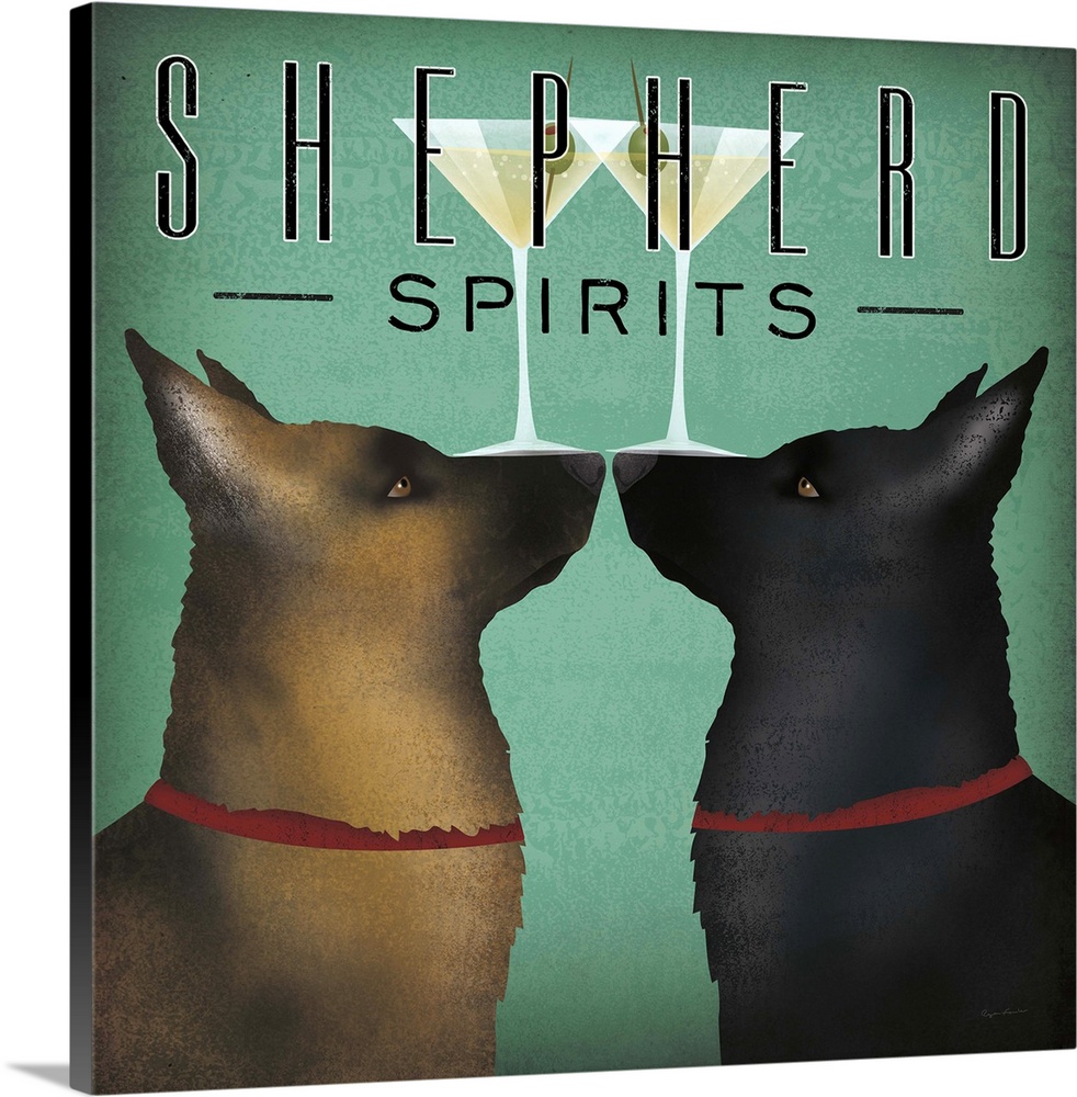 Square illustration of two shepherd dogs balancing martinis on their noses with "Shepherd Spirits" written at the top.