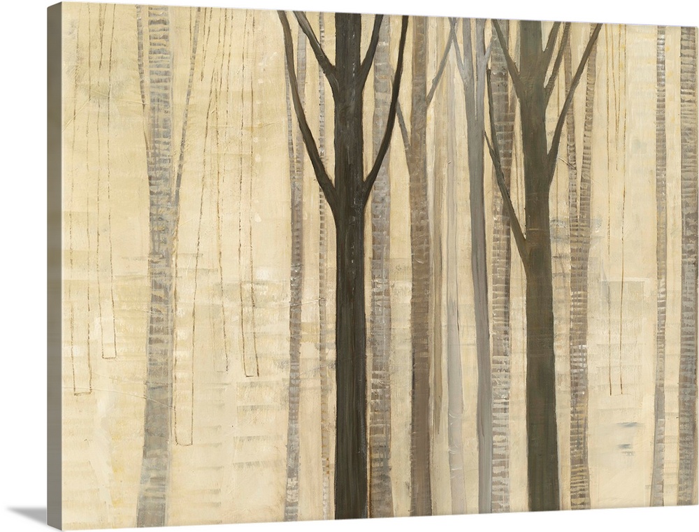 Painting of tall trees in a forest in neutral tones.