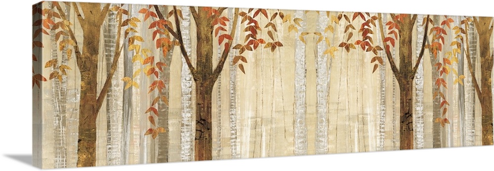 Contemporary artwork of a forest during the autumn season with heavy distressing and leaves with a cut paper feel.