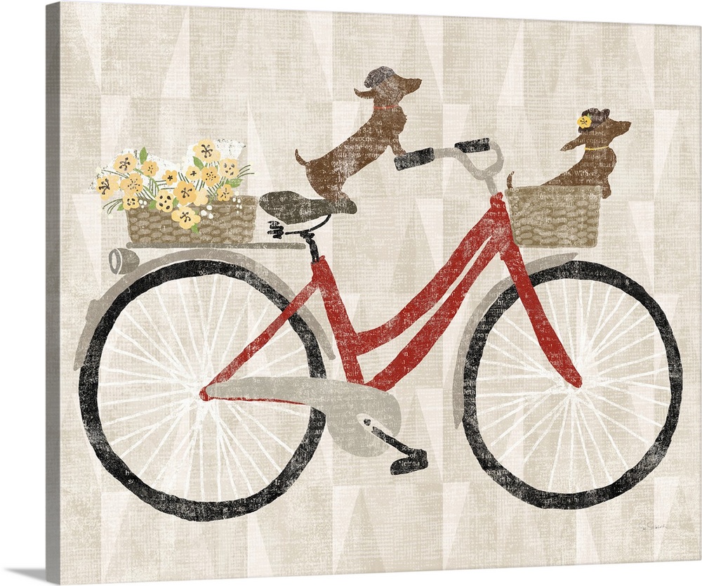 Decorative artwork of two dachshunds riding a red bicycle with a neutral backdrop.