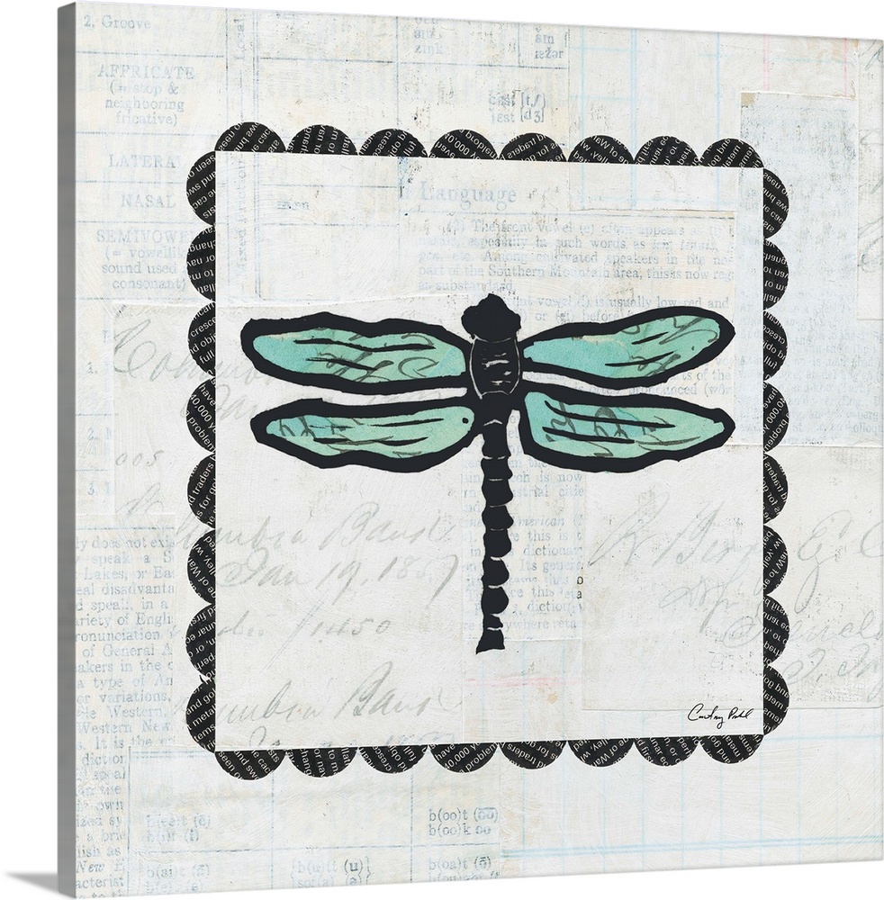 Contemporary decorative artwork of a dragonfly surrounded by a square border design against a gray background.