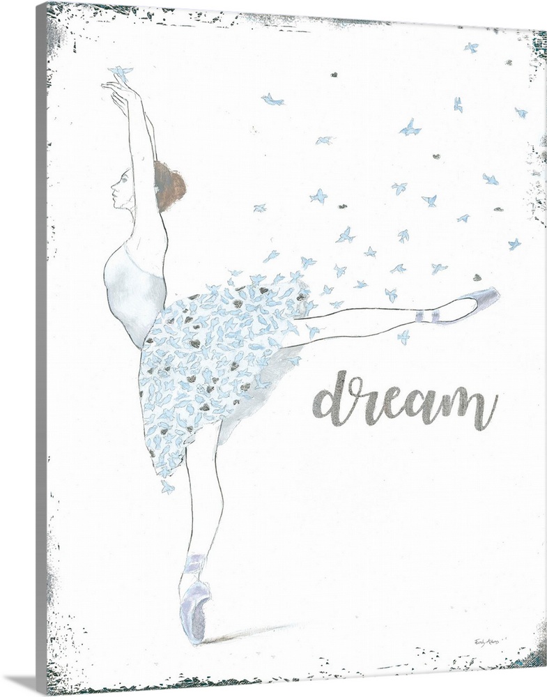 Vertical painting of a ballerina in blue and silver accents and the text "Dream".
