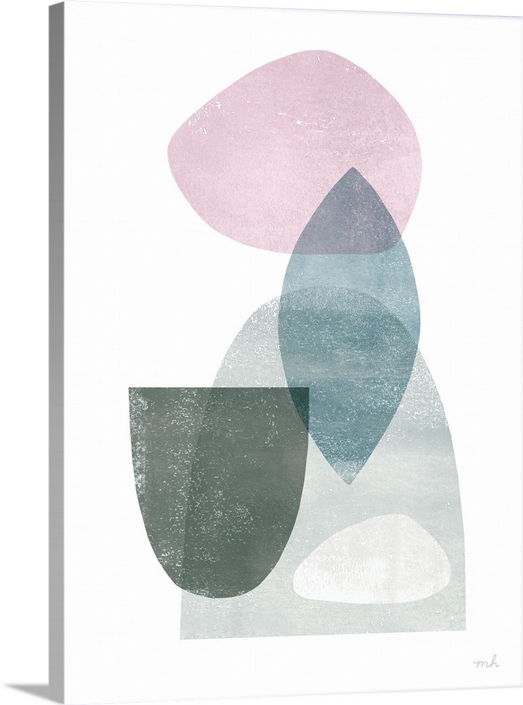 Abstract art with overlapping shapes in blue, pink, white, and grey hues on a white background.