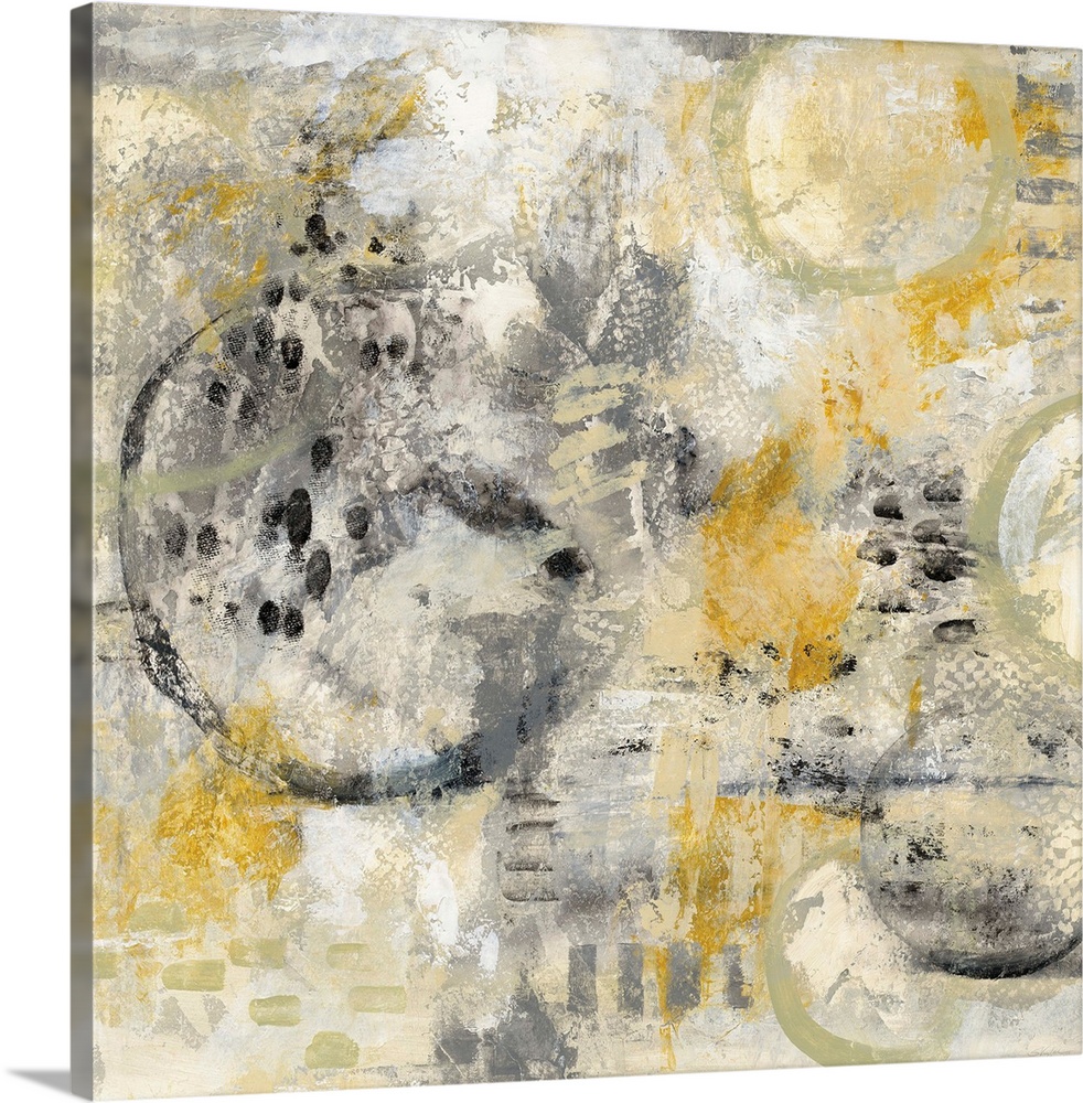 Square abstract painting using gold, black, and grey hues with hidden circles sporadically around.